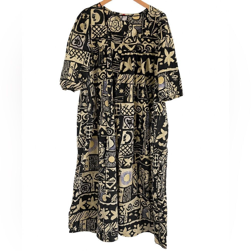 Vintage Woman Within Black and Cream Graphic Long Sleeve Dress Cotton Large
